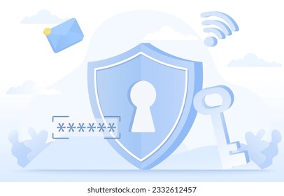 Safety and security technology concept. Data protection, sensitive information, firewall, strong password from cyber attack and other online threats. Flat vector design illustration.