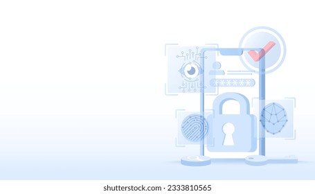 Concepto de tecnología de seguridad. Protección de datos, protección de datos personales, acceso a cuentas, contraseña, cortafuegos, datos confidenciales, mantenimiento de la privacidad. Ilustración vectorial plana con espacio de copia.