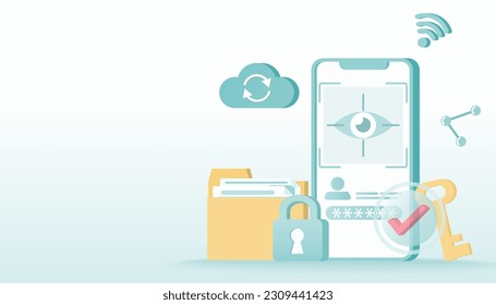 Safety and security technology concept. Iris scan access to account, backup data, firewall, sensitive data, protect personal detail. Flat vector design illustration with copy space.