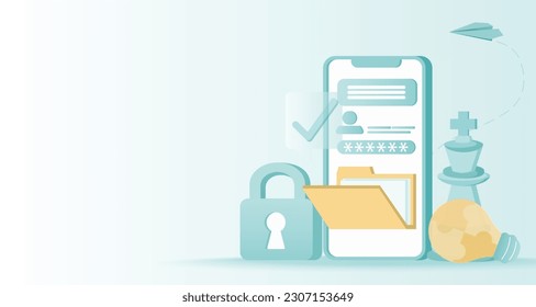 Safety and security technology concept. Online data, access to account, backup data, firewall, sensitive information, protect personal detail, strong password. Vector illustration with copy space.