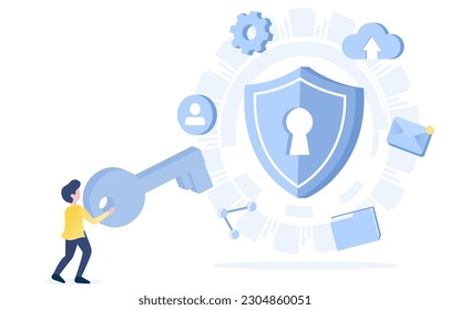 Concepto de tecnología de seguridad. Una persona con una clave grande para acceder a información de datos, detalles personales, correo electrónico, documentos u otros archivos importantes. Ilustración vectorial plana con espacio de copia.