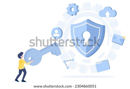 Safety and security technology concept. A person holding a big key to access data information, personal detail, email, document, or other important files. Flat vector illustration with copy space.