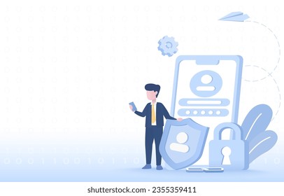 Safety and security technology concept. Protect personal detail, strong password, encryption key, firewall, security lock, sensitive data from cyber attack and threats. Vector illustration copy space.