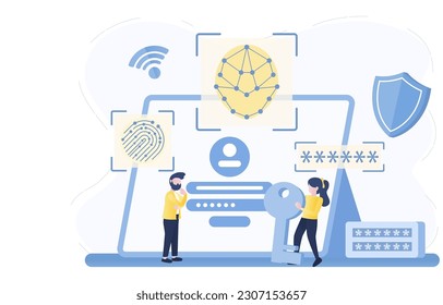 Konzept der Sicherheits- und Sicherheitstechnologie. Registrieren Sie sich online auf der Website oder Antrag auf Zugang. Schutz personenbezogener Daten, Passwortschutz, Firewall, vertraulicher Daten. Flache Vektorgrafik.

