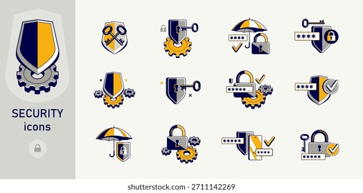 Safety and security vector detailed icons set, account privacy and antivirus, protected personal data cybersecurity.