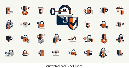 Safety and security vector detailed icons set, lock and password, virus risk cybersecurity, account privacy protection.