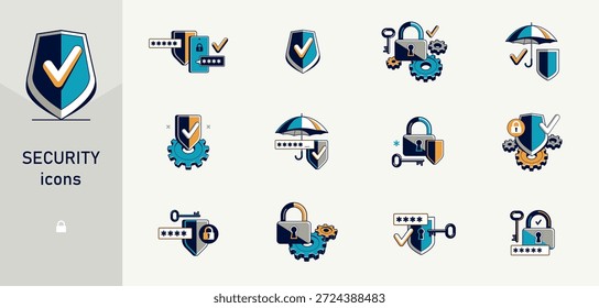 Safety and security vector detailed icons set, lock and password, virus risk cybersecurity, account privacy protection.