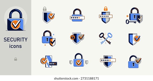 Segurança e vetor de segurança ícones detalhados definir, bloqueio e senha, risco de vírus cibersegurança, proteção da privacidade da conta.