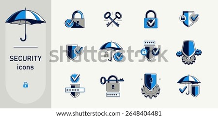 Safety and security vector detailed icons set, account privacy and antivirus, protected personal data cybersecurity.