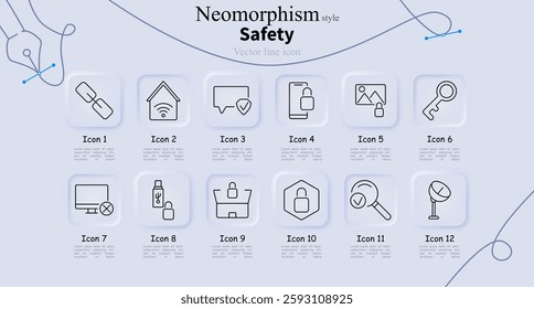 Safety set icon. Chain link, home security, chat protection, smartphone lock, photo privacy, key, computer error, USB lock, secure shopping, hexagon lock, verification, surveillance camera.