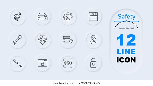 Safety set icon. Firewall, locked car, cog with check mark, hard drive, wrench, shield with cog, screwdriver, browser lock, eye scanner, lock.