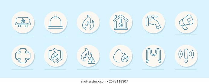 Safety set icon. Gas tank, helmet, flame, thermostat, faucet, loudspeaker, fire puzzle, flame shield, fire warning, water flame, hose, alert. Represent fire safety, equipment, and emergency signals