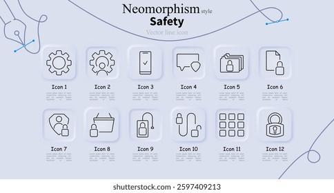 Safety set icon. Gear security, cog settings, mobile security, chat privacy, locked folder, document lock, shield, transaction security, ID lock, authentication, keypad, padlock.