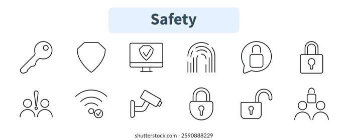 Safety set icon. Key, shield, secure monitor, fingerprint, chat lock, padlock, alert, Wi-Fi security, CCTV, lock, open lock, user security.