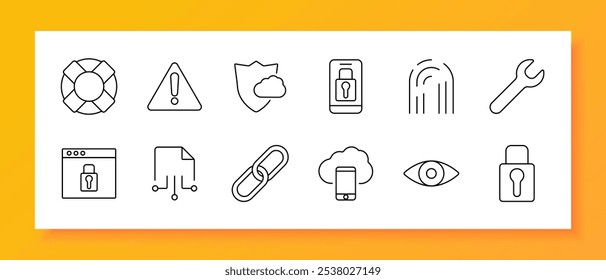 Safety set icon. Lifebuoy, warning, shield, lock, fingerprint, wrench, file, chain, cloud, eye. Symbols of security, data safety, and risk management for digital and physical environments