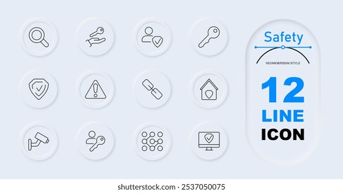 Safety set icon. Magnifying glass, key in hand, user with shield, key, shield with check, warning, broken chain, house with shield, security camera, user with key, computer shield