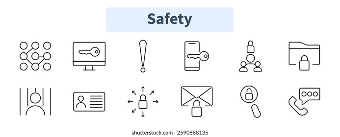 Safety set icon. Pattern lock, computer key, warning sign, mobile security, team protection, locked file, biometric scan, locked email, search security, call encryption.