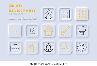 Safety set icon. Screwdriver, fire, firewall, security network, house protection, key, cloud network, keyboard, lock, world protection, magnifying glass, global security