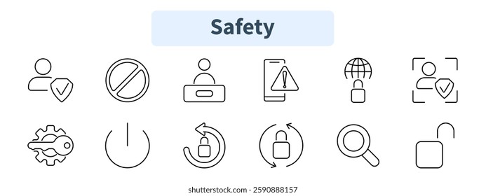 Safety set icon. User protection, access denied, login, mobile alert, global security, identity verification, key settings, power, lock reset, security search, open lock.