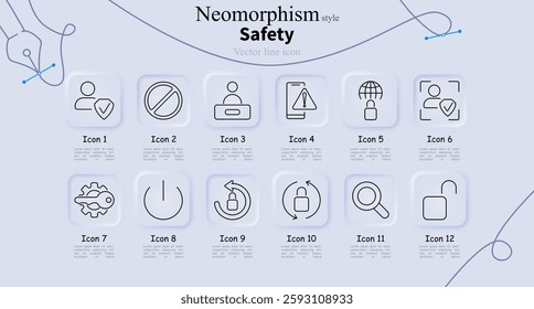 Safety set icon. User security, restriction, profile verification, warning sign, internet protection, identity scan, access key, shutdown, secure login, encryption, email protection, communication