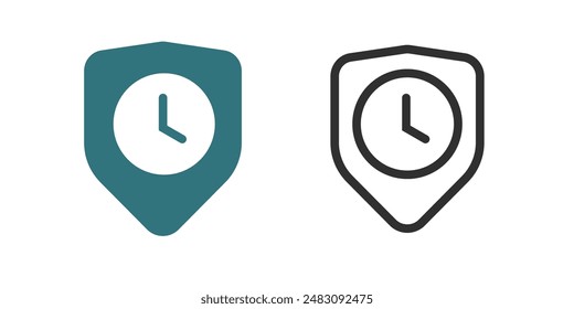 Safety shield clock timer policy as long term protection icon vector graphic set flat and line outline stroke art, life security simple pictogram sign service image clip art 