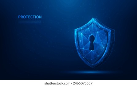 Safety Shield Digital Technology. Datenschutz im Datennetzwerk auf blauem Hintergrund.  Sicherheit und Sicherheitskonzept. Vektorillustration fantastisches Hightech-Design.