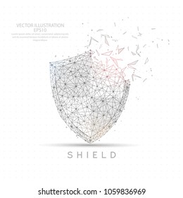 Safety shield digitally drawn low poly wire frame with break effect on white background.