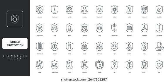 Escudo de segurança com fechadura e chave, marca de verificação ou cruz, sinal de porcentagem símbolos finos preto ilustração vetorial. Proteção de escudo, proteção segura e garantia de privacidade, conjunto de ícones de linha de acesso seguro.