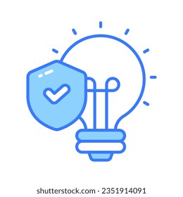 Safety shield with tick mark inside light bulb, concept of idea protection icon