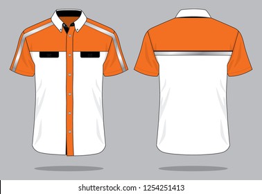 Safety Short Sleeve Uniforms Shirt  Design White-Orange-Black And Reflective Tape Vector.Front and Back View.