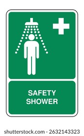 Safety Shower Emergency Sign with Explanation – Green and White Icon Indicating Chemical Decontamination Facility – High Quality Vectorial Image