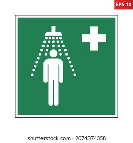 Señal de ducha de seguridad. Ilustración vectorial del signo cuadrado verde con el hombre con el icono de ducha dentro. Indicador aislado en el fondo. Equipo de emergencia. Exposición a accidentes con el símbolo químico.