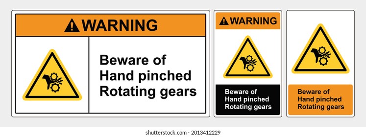 Safety Sign Beware of hand pinched rotating gears, sign lanscape and potrait forms, ANSI and OSHA standard formats. Vector