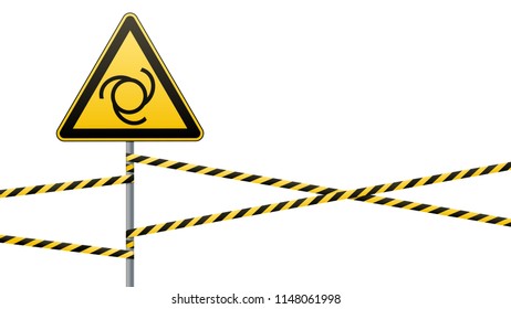 Safety sign. Caution - danger! Automatic start of equipment. Barrier tape and  sign on pole. White background. Vector illustration.