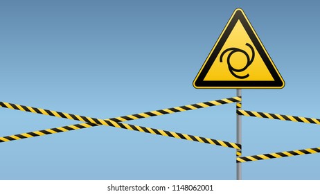 Safety sign. Caution - danger! Automatic start of equipment. Barrier tape and  sign on pole. Celestial background. Vector illustration.