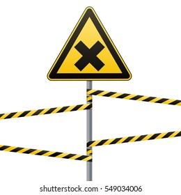 Safety sign. Caution - danger! Harmful to health allergic (irritant) substances. Barrier tape. Vector illustration.