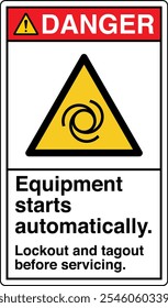 Safety Sign Danger Equipment Starts Automatically Lockout and Tagout Before Servicing Vertical White