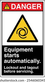 Safety Sign Danger Equipment Starts Automatically Lockout and Tagout Before Servicing Vertical Black