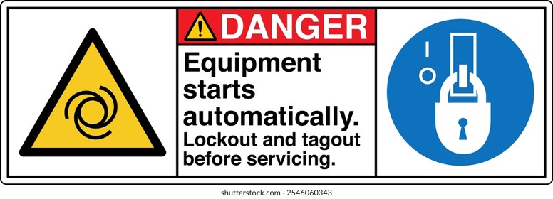 Safety Sign Danger Equipment Starts Automatically Lockout and Tagout Before Servicing Horizontal White Two Symbol Panel.