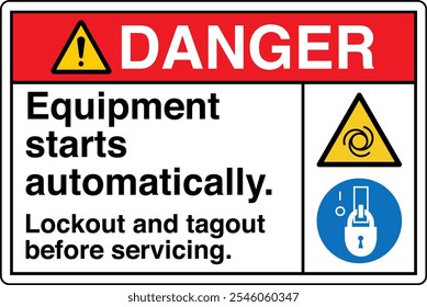 Safety Sign Danger Equipment Starts Automatically Lockout and Tagout Before Servicing Horizontal White Two Symbol Panel on Right