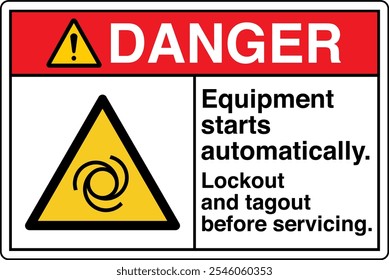 Safety Sign Danger Equipment Starts Automatically Lockout and Tagout Before Servicing Horizontal White Symbol Panel on Left