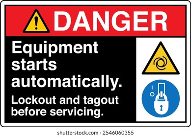 Safety Sign Danger Equipment Starts Automatically Lockout and Tagout Before Servicing Horizontal Black Two Symbol Panel on Right