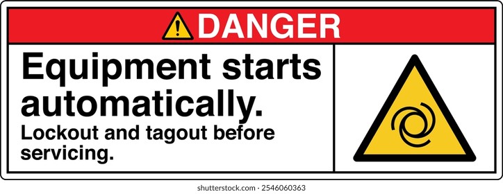 Safety Sign Danger Equipment Starts Automatically Lockout and Tagout Before Servicing Horizontal 03 White Symbol Panel on Right