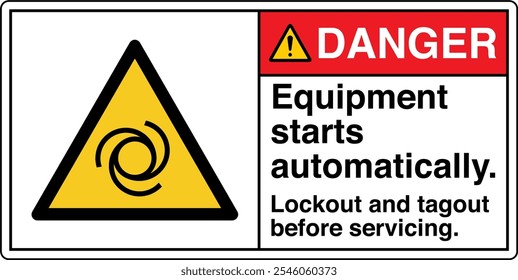 Safety Sign Danger Equipment Starts Automatically Lockout and Tagout Before Servicing Horizontal 02 White Symbol Panel on Left.