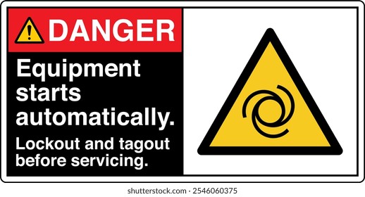 Safety Sign Danger Equipment Starts Automatically Lockout and Tagout Before Servicing Horizontal 02 Black Symbol Panel on Right.