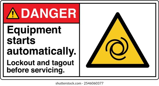 Safety Sign Danger Equipment Starts Automatically Lockout and Tagout Before Servicing Horizontal 02 White Symbol Panel on Right