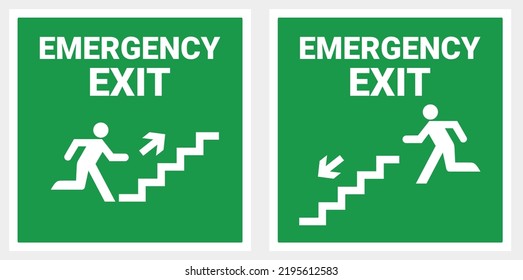 safety sign emergency exit stairs. square exit. arrow exit background green