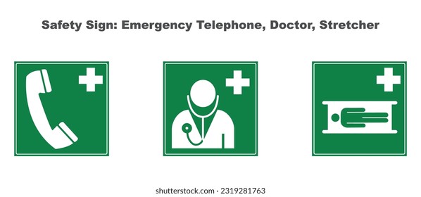 Safety sign  Emergency Stretcher Sign doctor's office emergency telephone. Emergency Telephone First Aid Doctor Stretcher Stock Vector