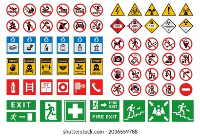 Safety Sign. Factory And Construction Health Or Security Caution Symbols. Bright Hazard Attention And Evacuation Notices. Entrance Prohibited Stickers Mockup. Vector Warning Icons Set