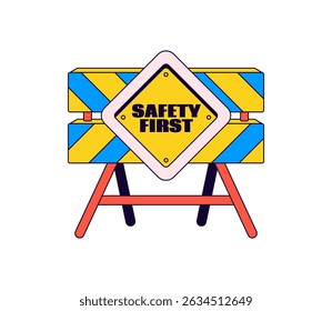 letrero de seguridad con el mensaje "Seguridad primero" en una barricada rayada. Ideal para conceptos de precaución, seguridad y seguridad en el lugar de trabajo en ilustración dibujada a mano de dibujos animados